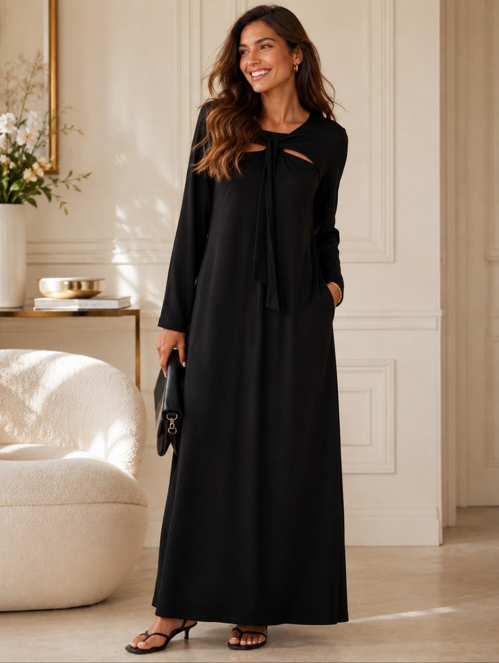 OLD NAVY Dress Women's XXL Black Tie Front Long Sleeve Maxi Minimalist NWT